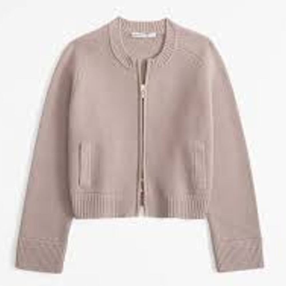 Abercrombie & Fitch LuxeLoft Zip-Up Crewneck Cardigan Bomber Sand Small NWT